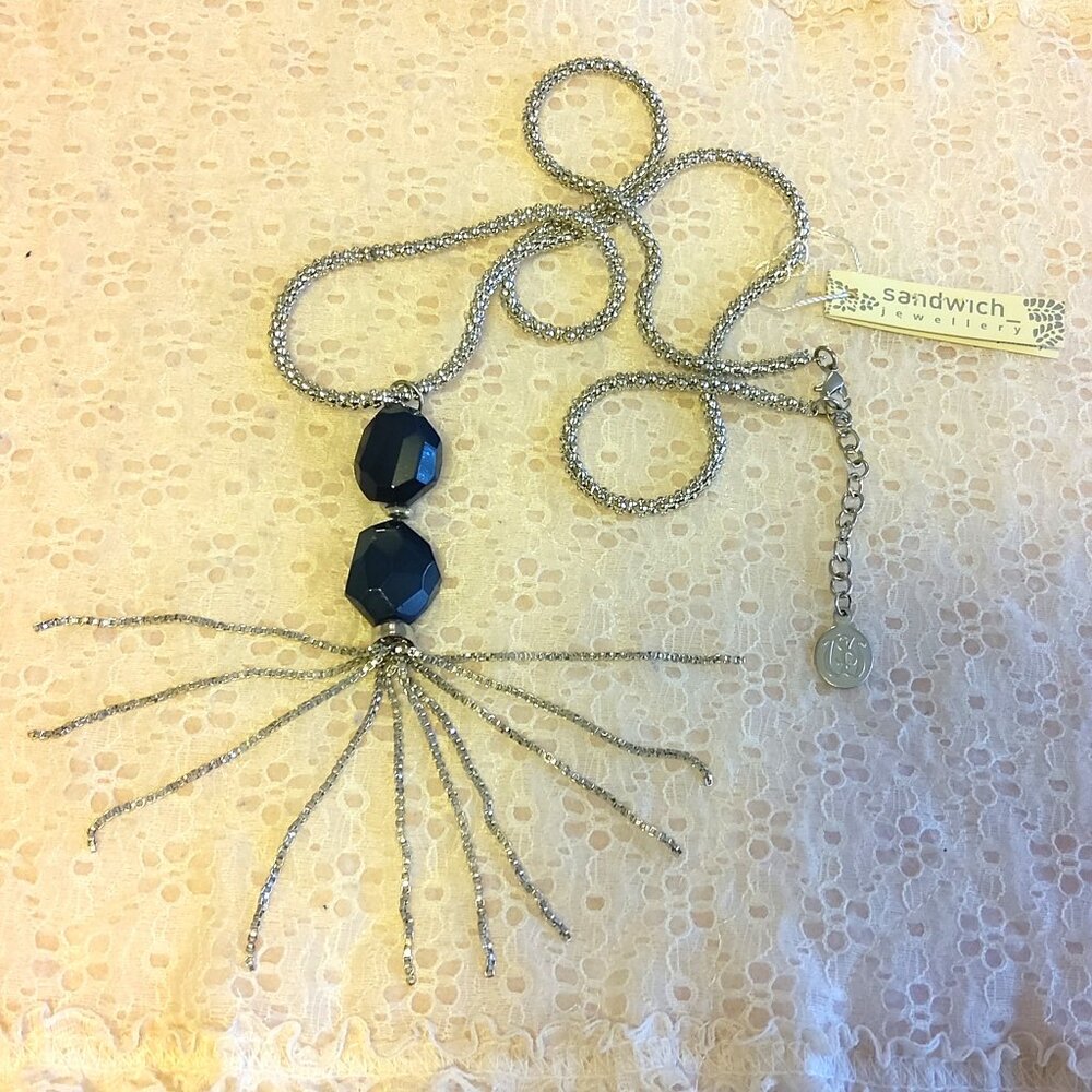 Vintage NEW sandwich jewellery Gray Beads Pendant VTG Silver Long Necklace